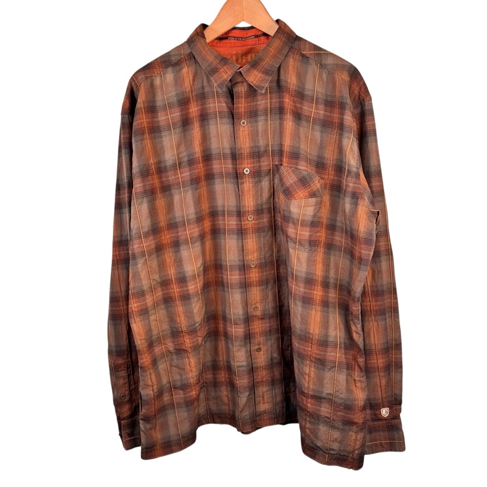 Kuhl Brown Orange Plaid Long Sleeve Button Up Shirt Size 2XL E-Z Care Wash Wear
